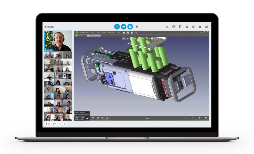 Film showing an online training course in alfaview with video images of participants, a lecturer and a sign language interpreter. She translates what is said into sign language. The lecturer broadcasts his screen with a 3D model of a battery.  