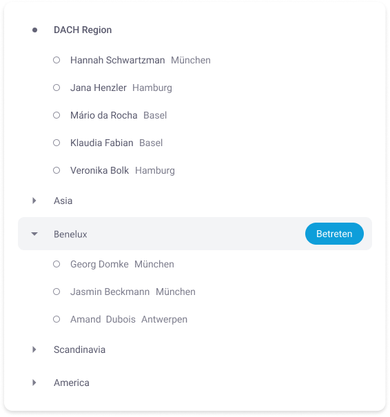List of participants in the DACH region with subgroups. 5 people are in the main room, 3 in the Benelux room.