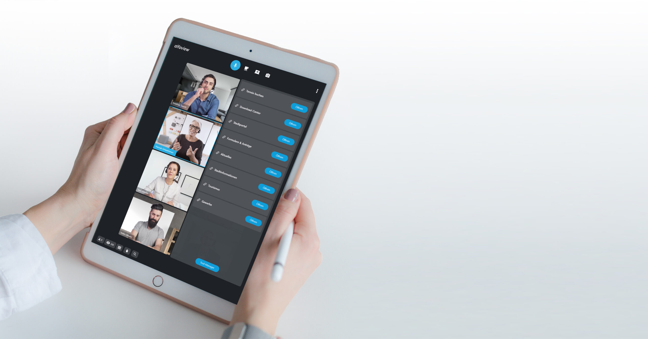 Tablet with a video conference and opened toolbox. The tools shown are booking appointments, download center, city portal, forms, news and more.