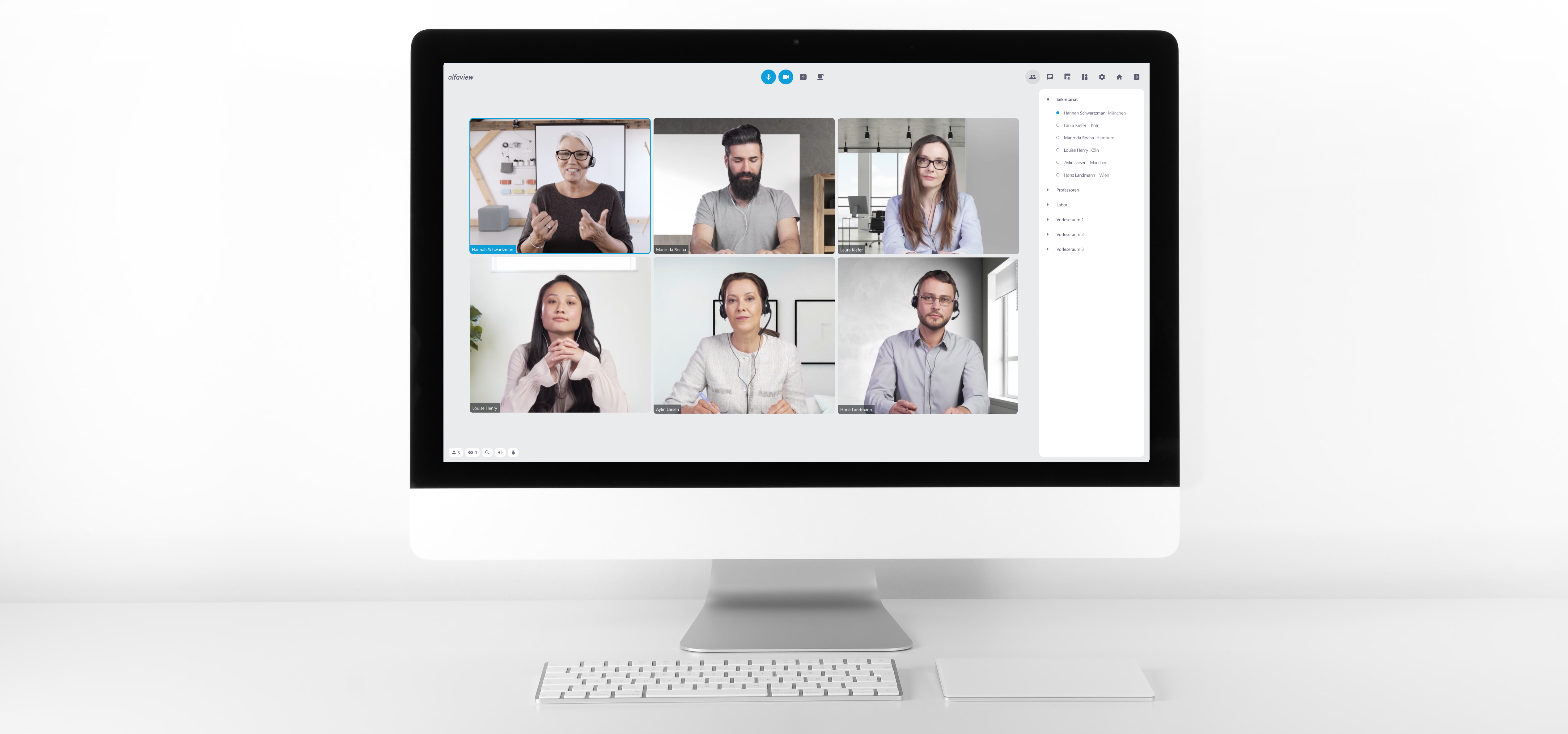 Computer screen with an ongoing video conference and an expanded list of participants.