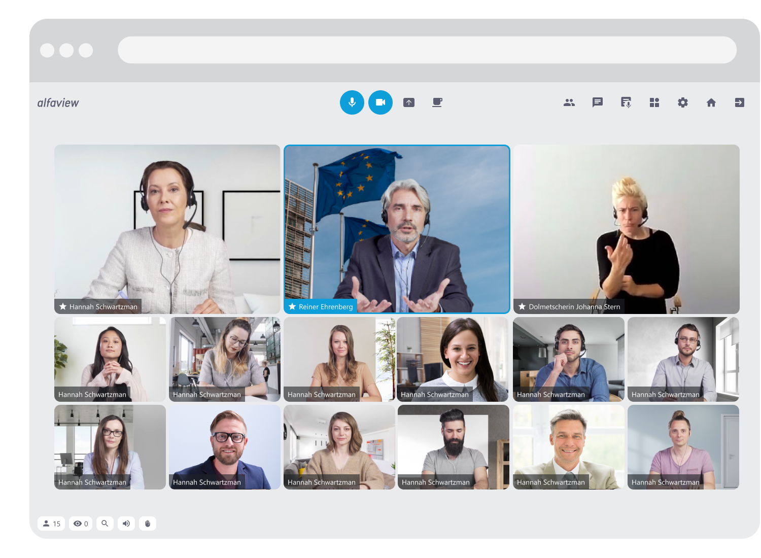 Video conference with 15 people. Sign language interpreter, man in front of flag background and woman in the office are shown with a larger video image.