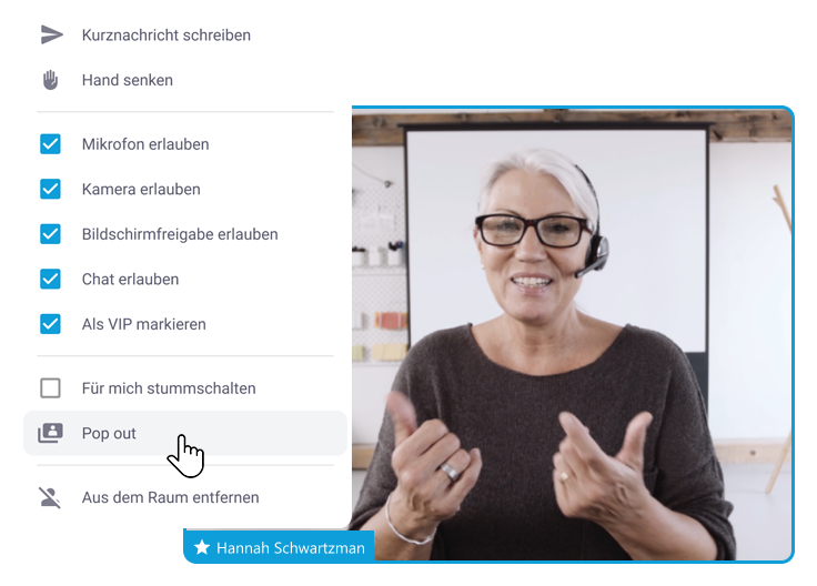 Videobild mit geöffnetem Kontextmenü; der Fokus liegt auf dem Menüpunkt "Pop-out".