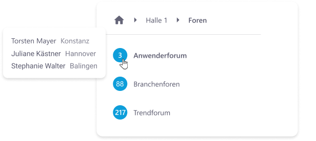 Raumliste mit Anwenderforum, Branchenforum und Trendforum. Der Maus-Cursor liegt auf dem Anwenderforum, es werden drei Personen im Mouse-Over angezeigt.