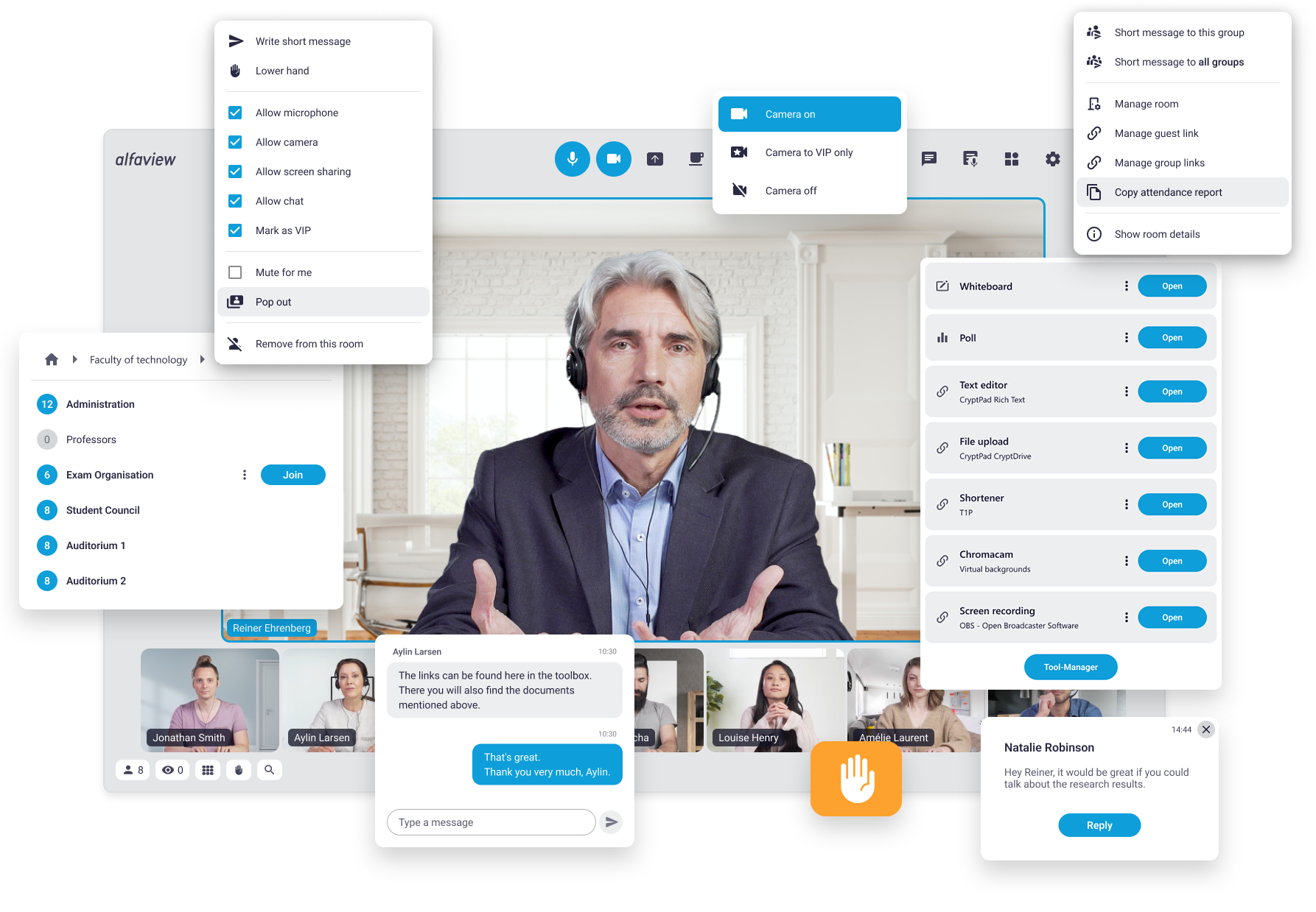 alfaview with highlighted features: Room list, context menu, camera menu, toolbox, chat, raise hand