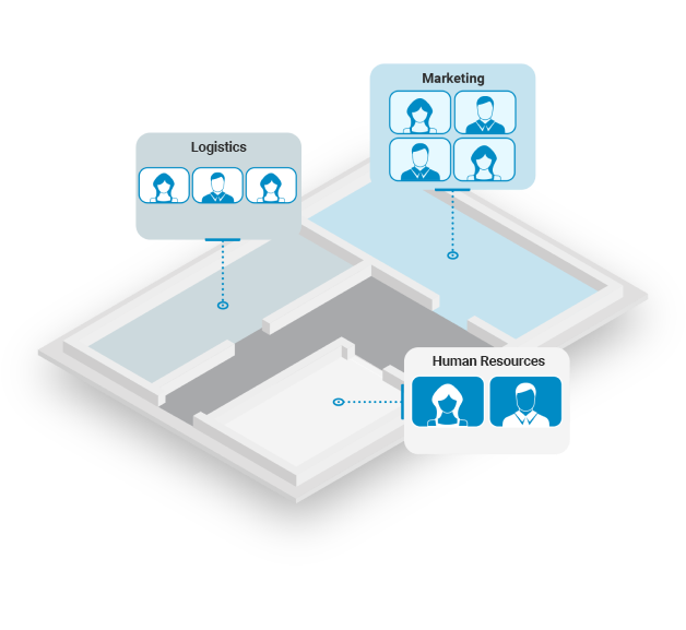 Floor plan of an office. Each room is assigned to a department such as marketing, logistics and human resources.