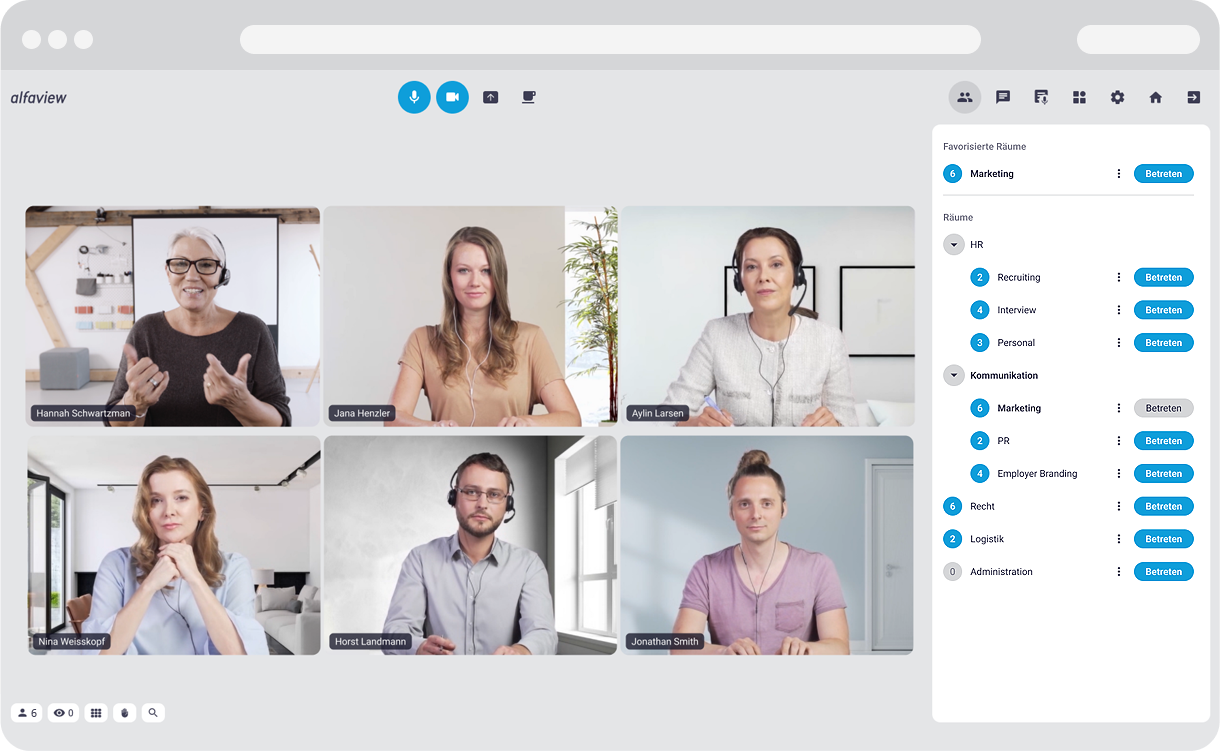 Videokonferenz mit geöffneter Raumliste in der Seitenleiste. Man sieht verschiedene Abteilungen und Räume in der Raumstruktur abgebildet.