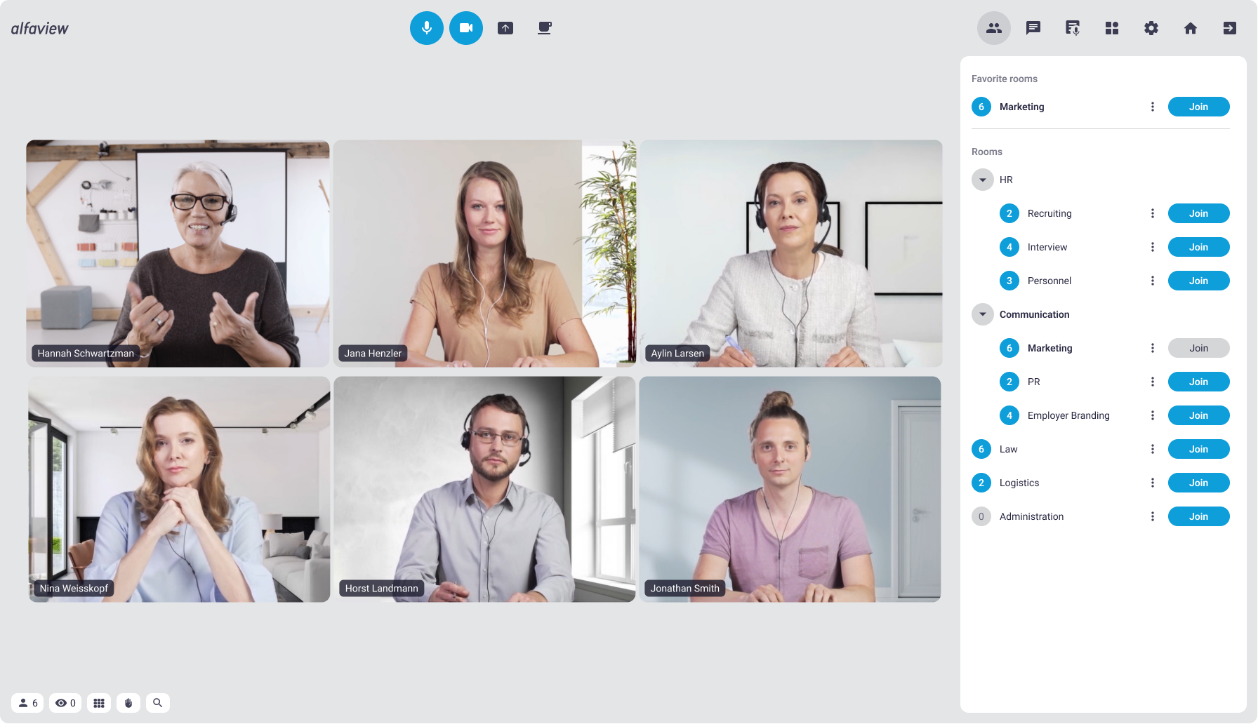 Video conference with open room list with various departments and rooms in the sidebar.