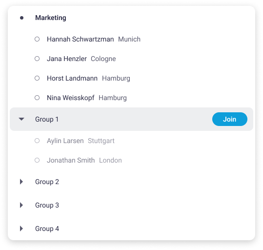List of participants in the Marketing room with subgroups. 4 people are in the main room, 2 in group 1. The names of the people are displayed.