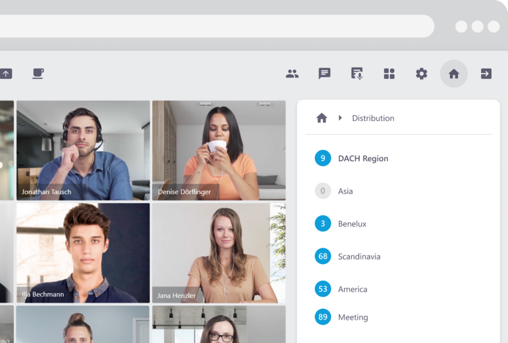 Video conference with open room list of the Sales department with the rooms DACH region, Asia, Benelux, Scandinavia, America and Meeting Sales.