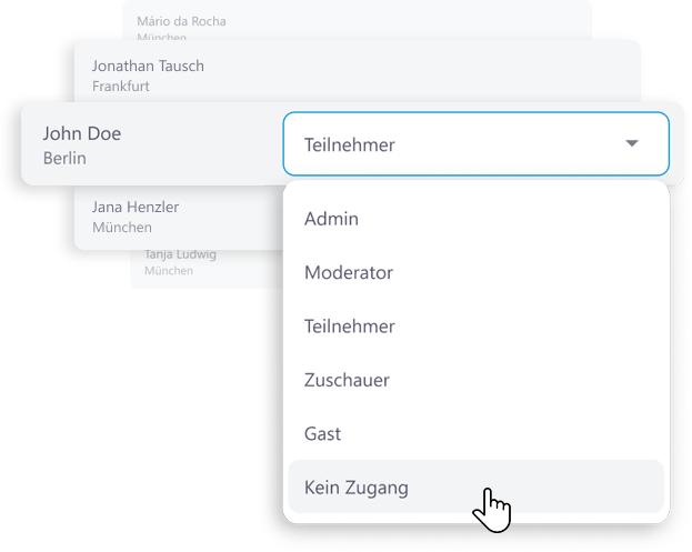 Ausgewählter Person John Doe wird Nutzerrolle zugewiesen. Mögliche Nutzerrollen sind Admin, Moderator, Teilnehmer, Zuschauer, Gast und kein Zugang. Cursor ist auf Kein Zugang.