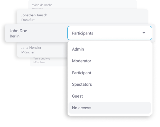 Selected person John Doe is assigned a user role. Possible user roles are admin, moderator, participant, viewer, guest and no access. Cursor is set to No access.