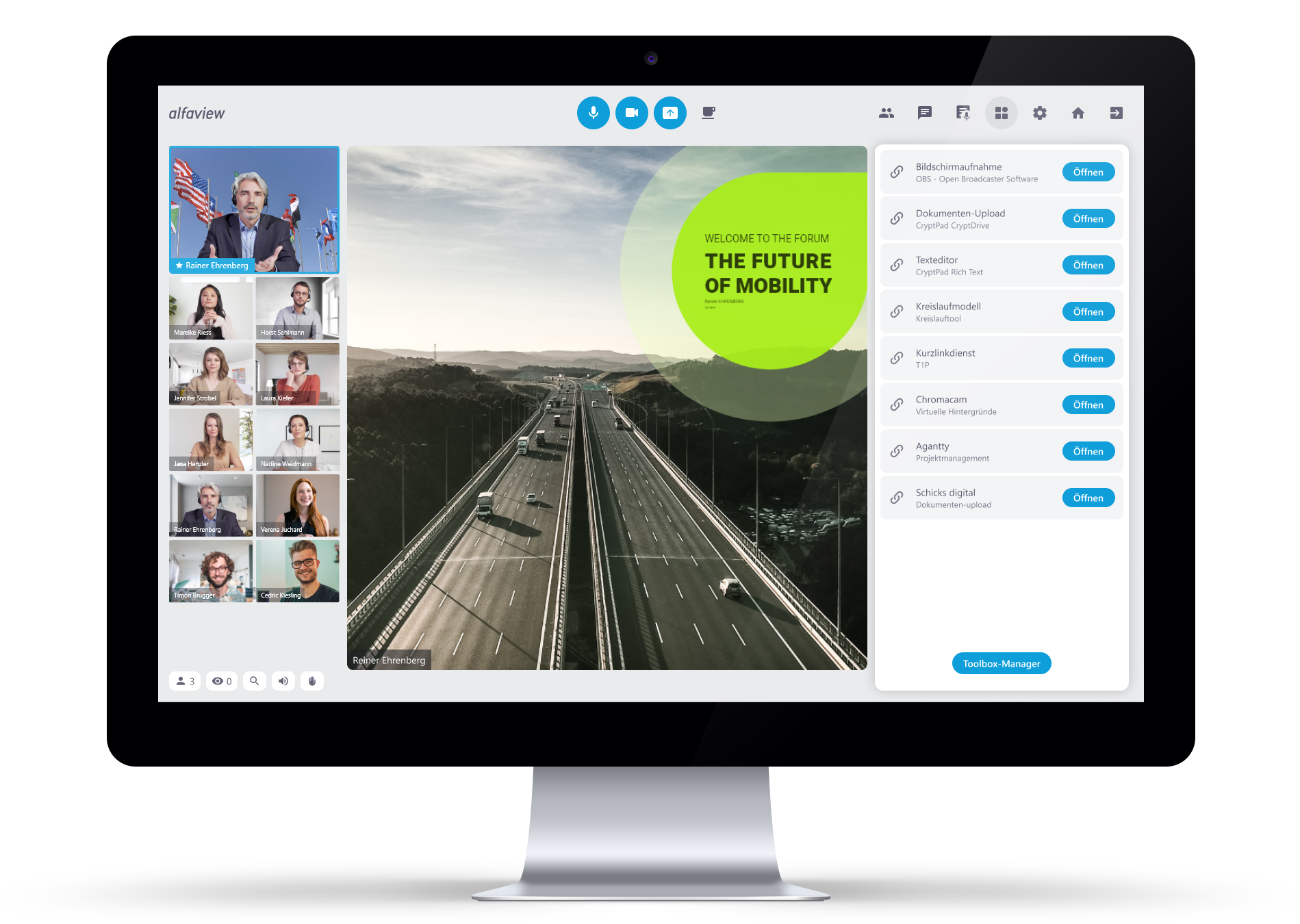 Videokonferenz mit Übertragung einer Präsentation und geöffneter Toolbox.