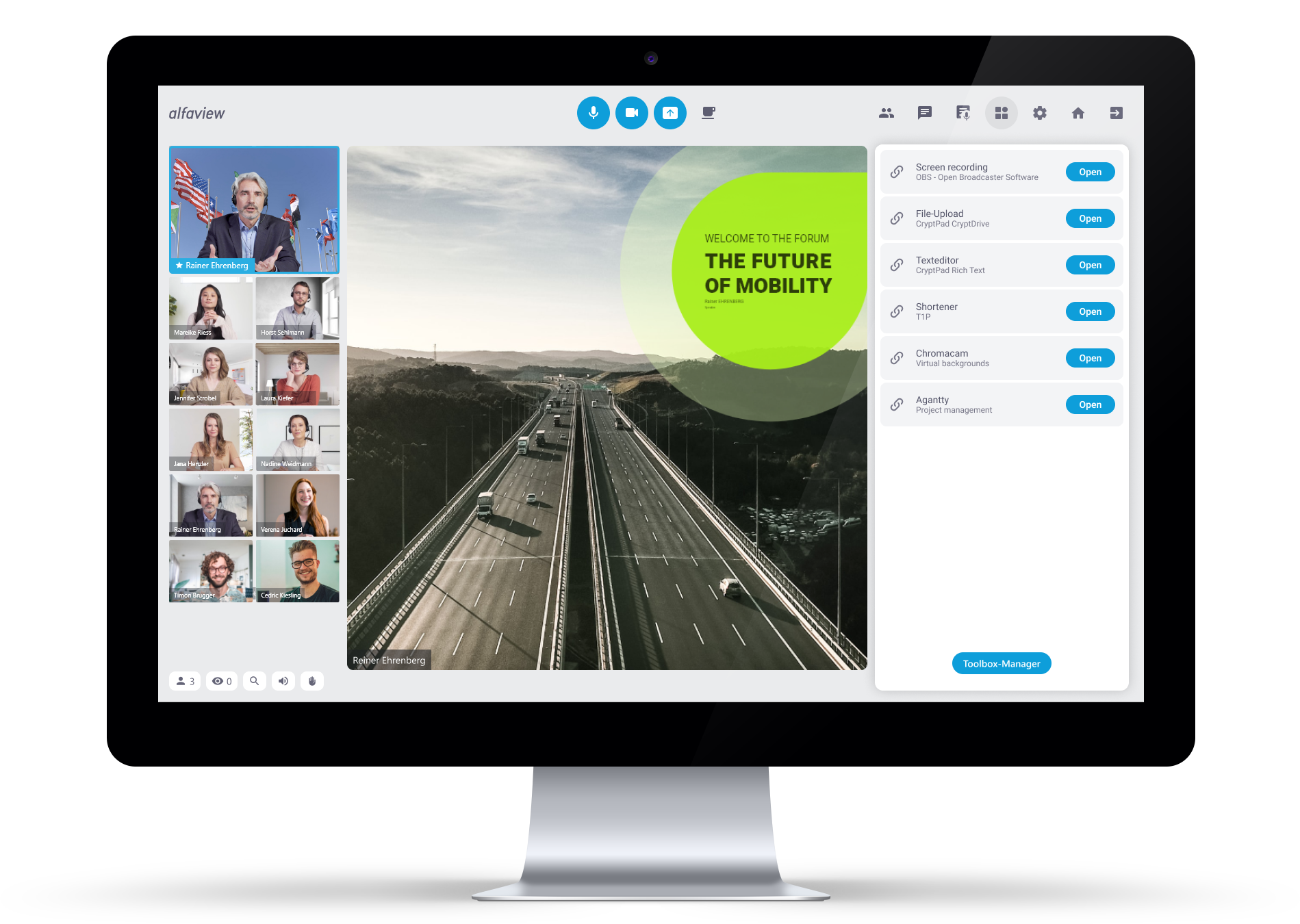 Video conference with a shared screen of a presentation and an open toolbox.