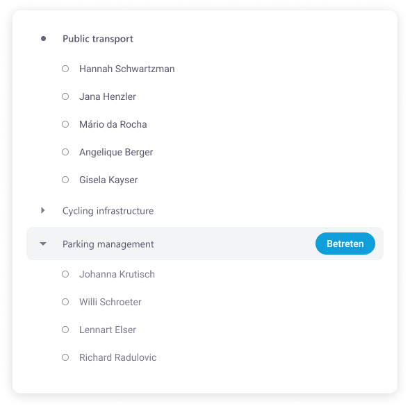 List of participants in the Public transportation room with subgroups. 5 people are in the main room, 4 in the parking management group.