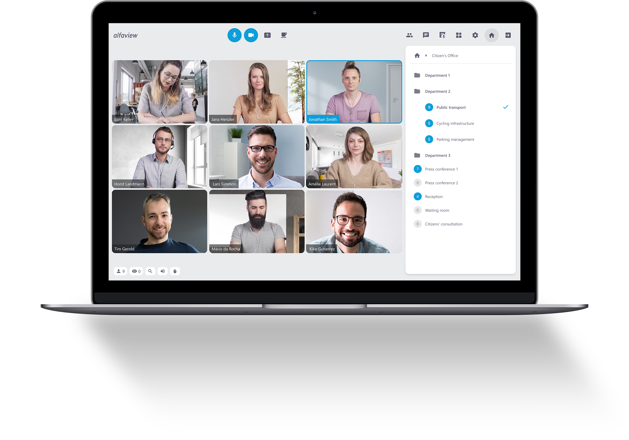 Video conference with open room list in the sidebar. You can see various rooms and departments in the room structure.