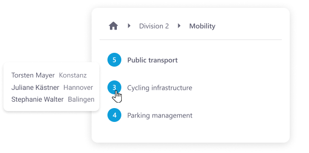Room list with rooms Public transportation, Bicycle infrastructure and Parking management. The mouse cursor is positioned on the Bicycle infrastructure room and three people are displayed in it.