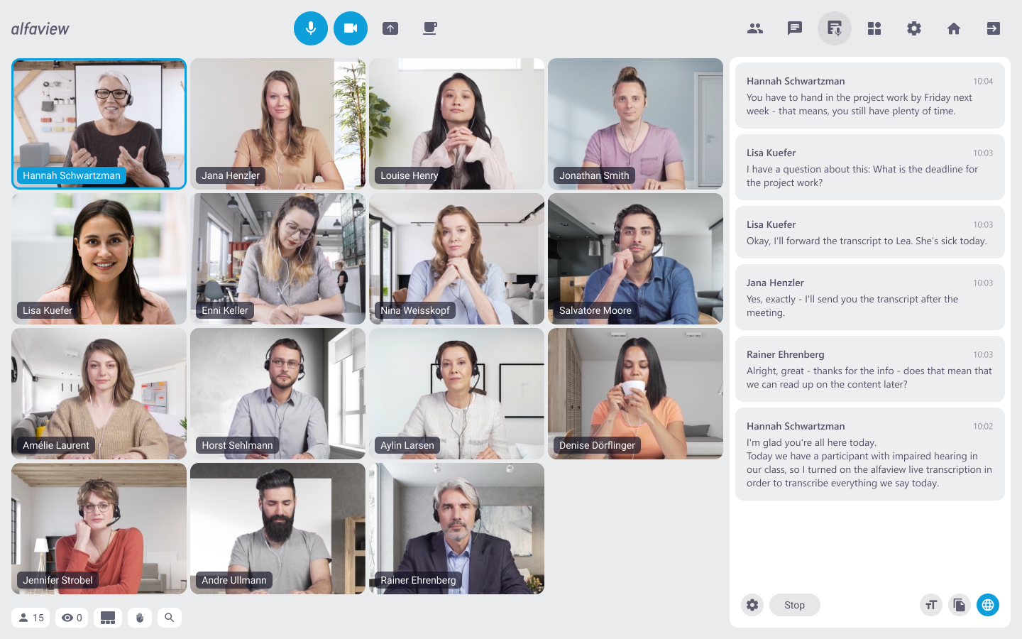Video conference with live transcription in the sidebar