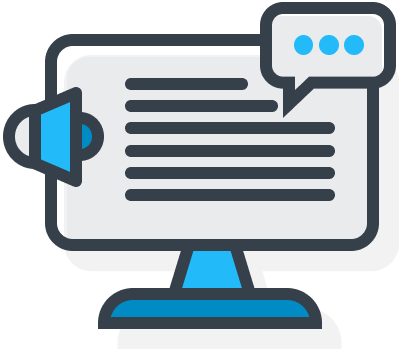Illustration of a screen with text, speech bubble and loudspeaker.