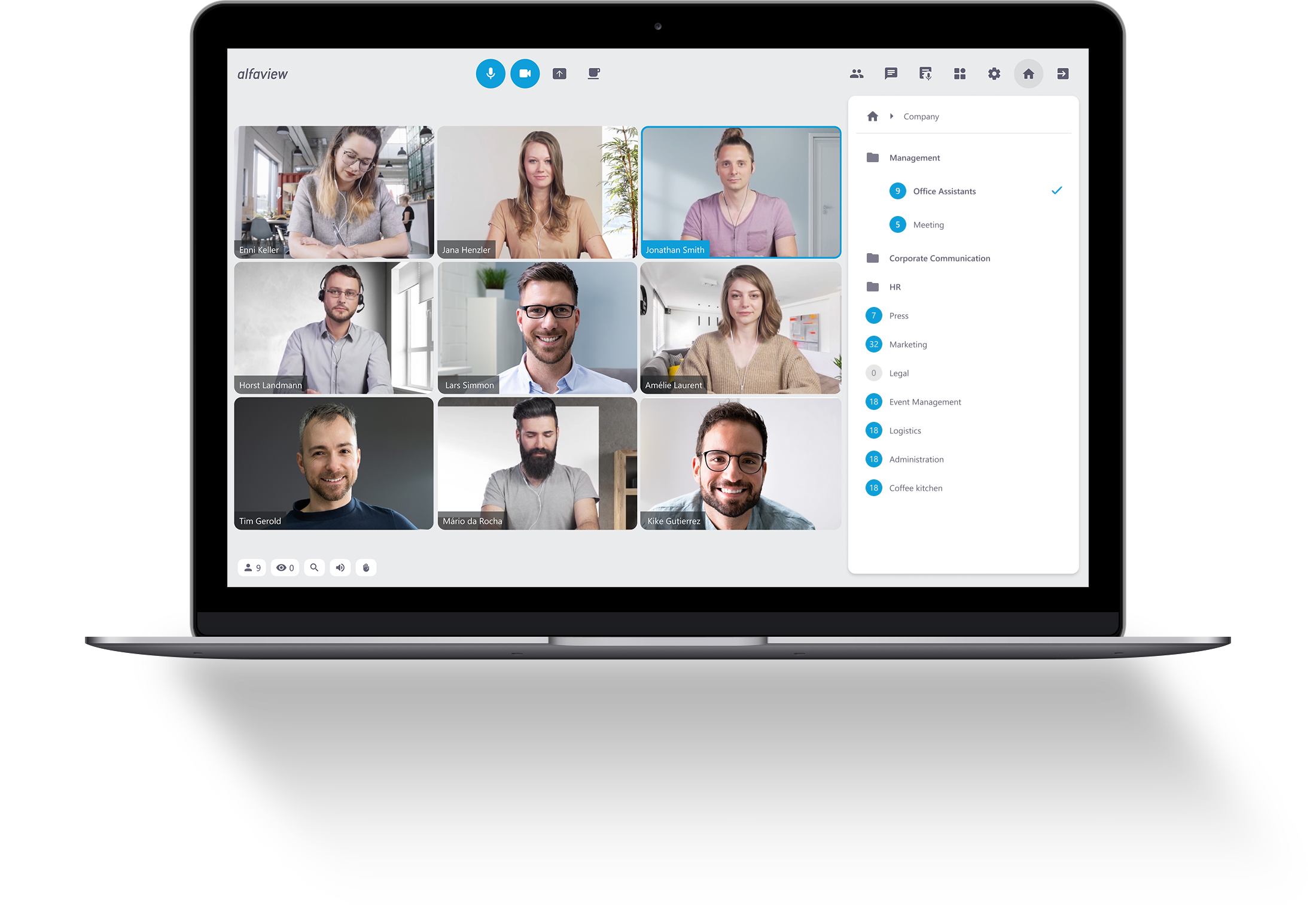 Video conference with open room list in the sidebar. Various rooms and departments are shown in the room structure. The meeting is taking place in the Assistance room.