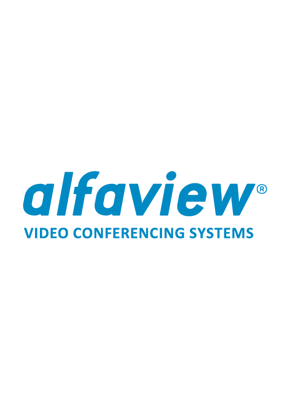Blue alfaview Video Conferencing Systems-logo on white background.