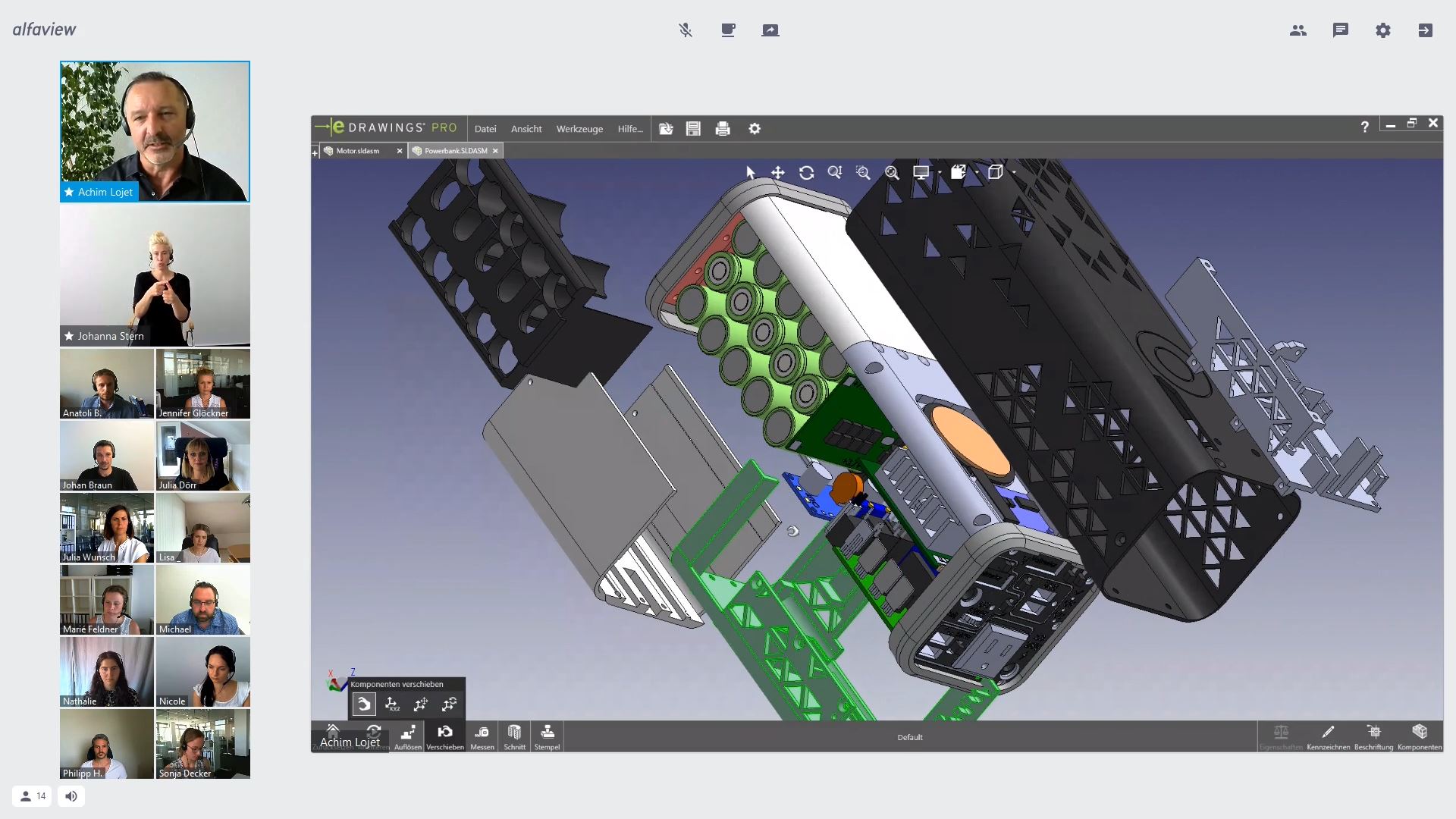 Film showing an online training course in alfaview with video images of participants, a lecturer and a sign language interpreter. She translates what is said into sign language. The lecturer broadcasts his screen with a 3D model of a battery.  