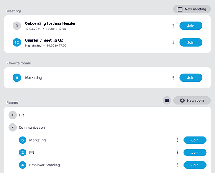 Meeting and room list of the alfaview app. Two upcoming meetings are displayed with date and time.